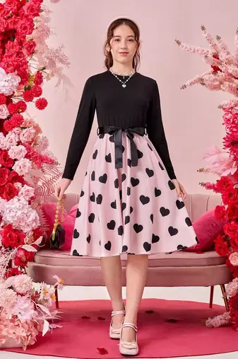 Baby pink color printed cotton blend fit&flared style dresses