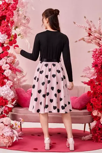 Baby pink color printed cotton blend fit&flared style dresses