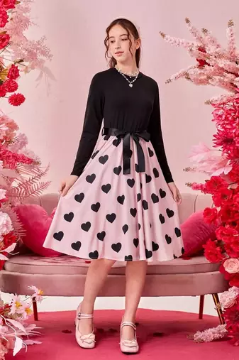 Baby pink color printed cotton blend fit&flared style dresses