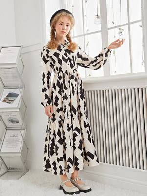 Cream-black color printed cotton blend fit&flared style dresses 1