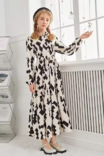 Cream-black color printed cotton blend fit&flared style dresses