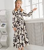 Cream-black color printed cotton blend fit&flared style dresses