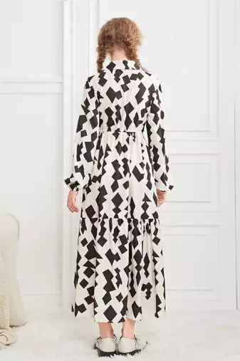 Cream-black color printed cotton blend fit&flared style dresses