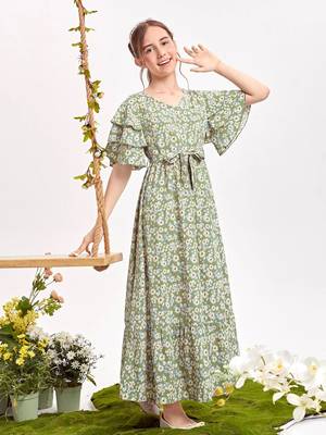 Pastal green color printed bsy fit&flared style dresses 1