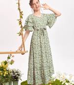 Pastal green color printed bsy fit&flared style dresses