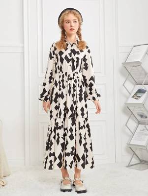 Cream-black color printed cotton blend fit&flared style dresses 3