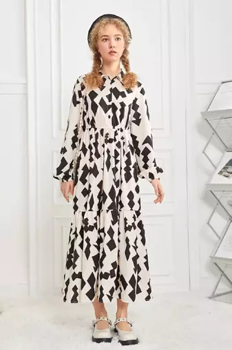 Cream-black color printed cotton blend fit&flared style dresses