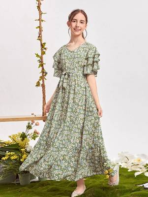 Pastal green color printed bsy fit&flared style dresses 2