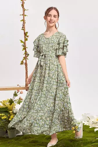 Pastal green color printed bsy fit&flared style dresses