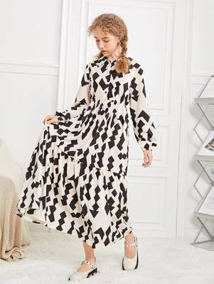 Cream-black color printed cotton blend fit&flared style dresses 4