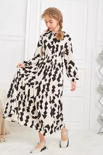 Cream-black color printed cotton blend fit&flared style dresses