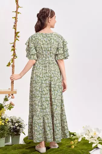 Pastal green color printed bsy fit&flared style dresses