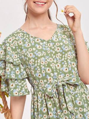Pastal green color printed bsy fit&flared style dresses 4