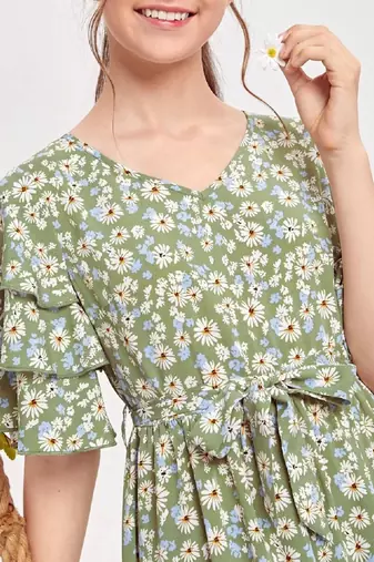 Pastal green color printed bsy fit&flared style dresses