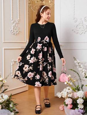 Black color printed cotton blend fit&flared style dresses 1