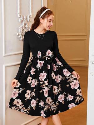 Black color printed cotton blend fit&flared style dresses 2