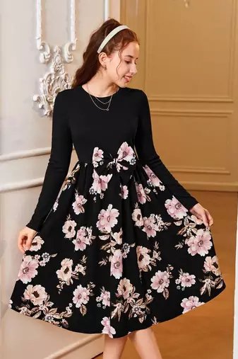 Black color printed cotton blend fit&flared style dresses