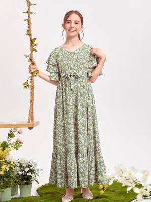 Pastal green color printed bsy fit&flared style dresses 5