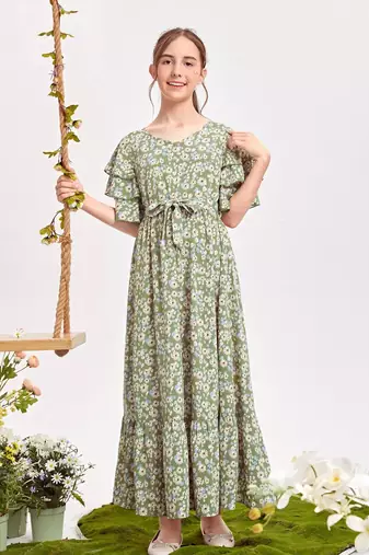 Pastal green color printed bsy fit&flared style dresses