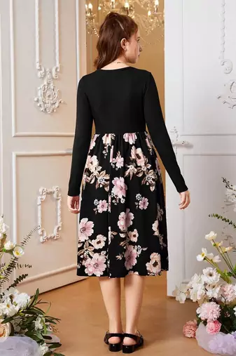 Black color printed cotton blend fit&flared style dresses