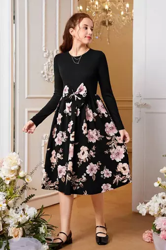 Black color printed cotton blend fit&flared style dresses