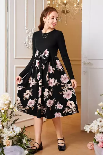 Black color printed cotton blend fit&flared style dresses