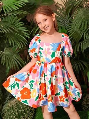 Multi color printed cotton blend fit&flared style dresses 1