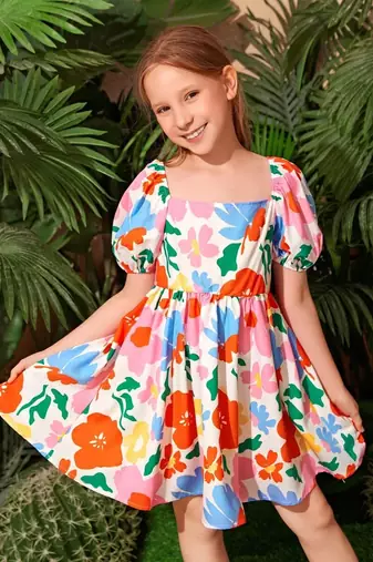 Multi color printed cotton blend fit&flared style dresses