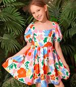 Multi color printed cotton blend fit&flared style dresses