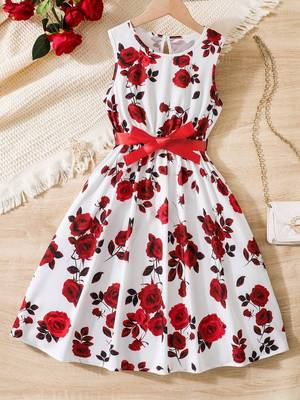 Red-white color printed cotton blend fit&flared style dresses 1