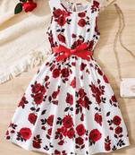 Red-white color printed cotton blend fit&flared style dresses