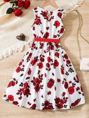 Red-white color printed cotton blend fit&flared style dresses 2