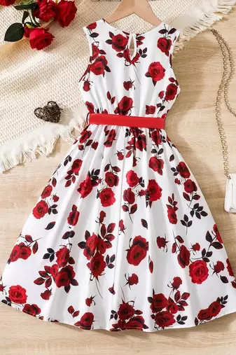 Red-white color printed cotton blend fit&flared style dresses