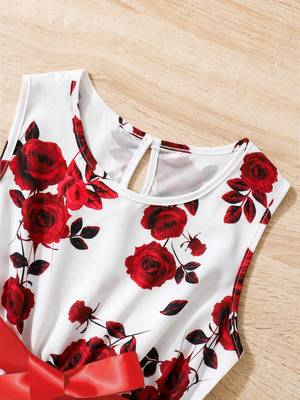 Red-white color printed cotton blend fit&flared style dresses 3