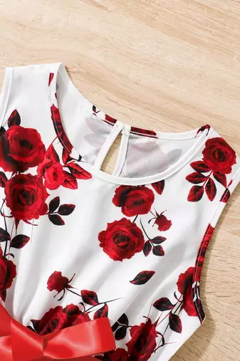 Red-white color printed cotton blend fit&flared style dresses