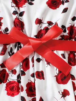Red-white color printed cotton blend fit&flared style dresses 5