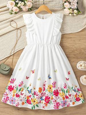 Off white color printed cotton blend fit&flared style dresses 1