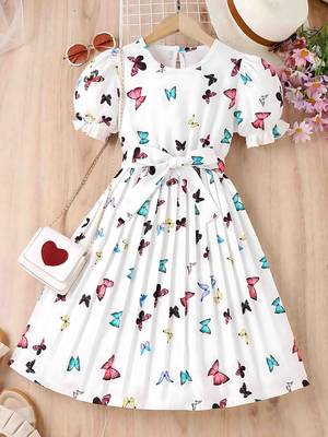 White color printed cotton blend fit&flared style dresses 1