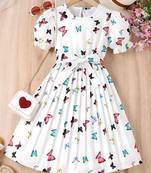 White color printed cotton blend fit&flared style dresses