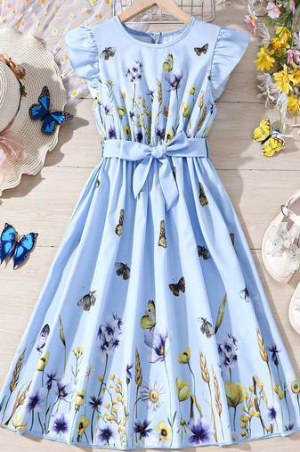 Aqua blue color printed cotton blend fit&flared style dresses