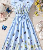 Aqua blue color printed cotton blend fit&flared style dresses