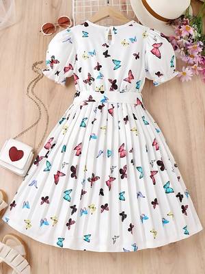 White color printed cotton blend fit&flared style dresses 2