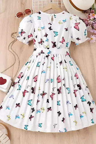 White color printed cotton blend fit&flared style dresses