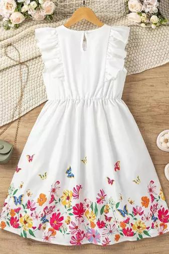 Off white color printed cotton blend fit&flared style dresses