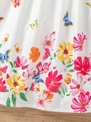 Off white color printed cotton blend fit&flared style dresses 4