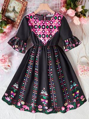 Jet black color printed cotton blend fit&flared style dresses 1