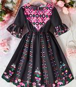 Jet black color printed cotton blend fit&flared style dresses