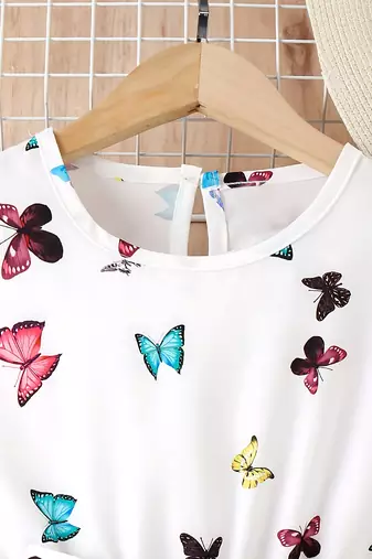 White color printed cotton blend fit&flared style dresses
