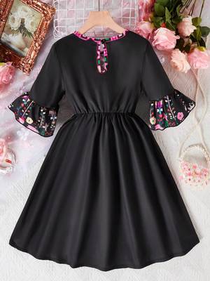 Jet black color printed cotton blend fit&flared style dresses 2