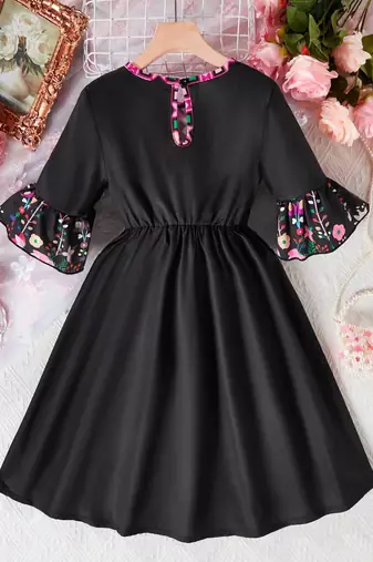 Jet black color printed cotton blend fit&flared style dresses